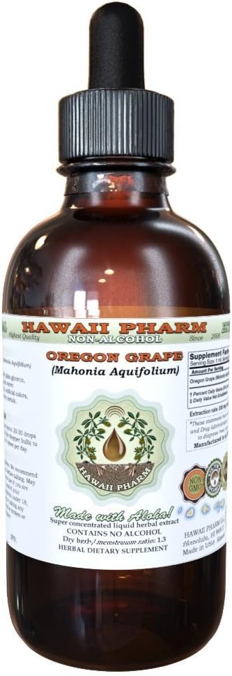 Hawaii Pharm Oregon Grape Free Alcohol Liquid Extract, Oregon Grape (Mahonia aquifolium) Suszony glicerol korzeniowy Natural Herbal Supplement, USA 2oz