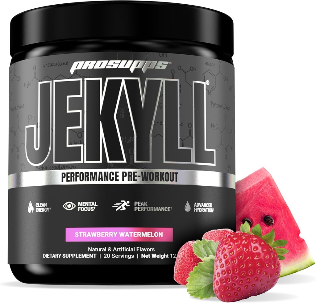 PROSUPPS Dr. Jekyll Performance Pre Workout Powder - Niskie -Stymulant Precuting Wspiera Muscle Gain, Focus & Energy - Bezkafeinowy Gym & Fitness Supplements (Truskawkowy Arbuz, 30 Servings)