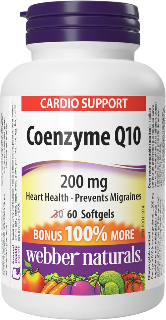 Webber Naturals Coenzym Q10 (CoQ10) 200 mg, 60 Softgels, Wysokiej mocy suplement przeciwutleniający, do Heart Health and Cellular Energy Production, 60 Day Supply, Gluten Free