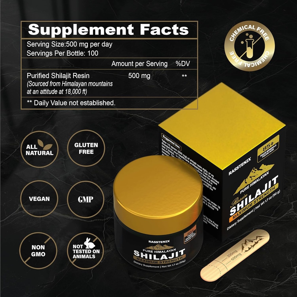 Czysty Shilajit Resin 500 mg - Formuła maksymalnej mocy z 85 + Ślad minerałów i kwasu Fulvic dla energii i immunologicznego Wellness - 50g (1 opakowanie)