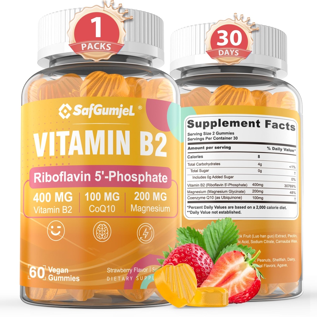 Witamina B2 Gummies ↓ 124; Riboflavin 400mg z Magnezu & CoQ10 na Migrena Relief & Headache Relief ↓ 124; Cukier wolny, Wegan, Strawberry Flavor, 60 Count
