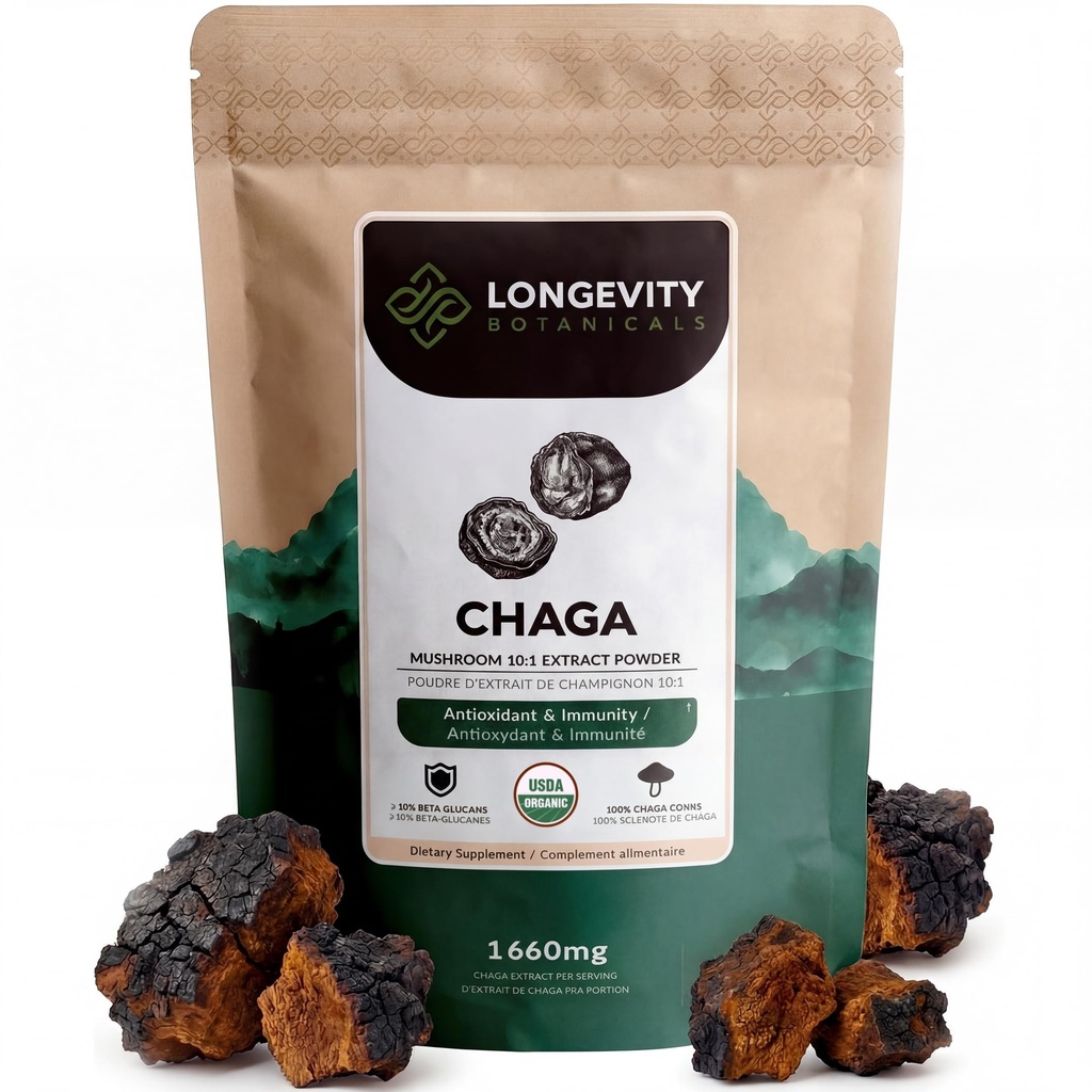 długowieczność Botanical Organic Chaga Wyciąg z grzybów w proszku 100g do 124; koncentrat 10: 1 Stosunek do 124; 100% ciał owocowych do 124; Inonotus Obliquus Naturalny suplement do funkcji immunologicznych, Przeciwutleniacze i witalność