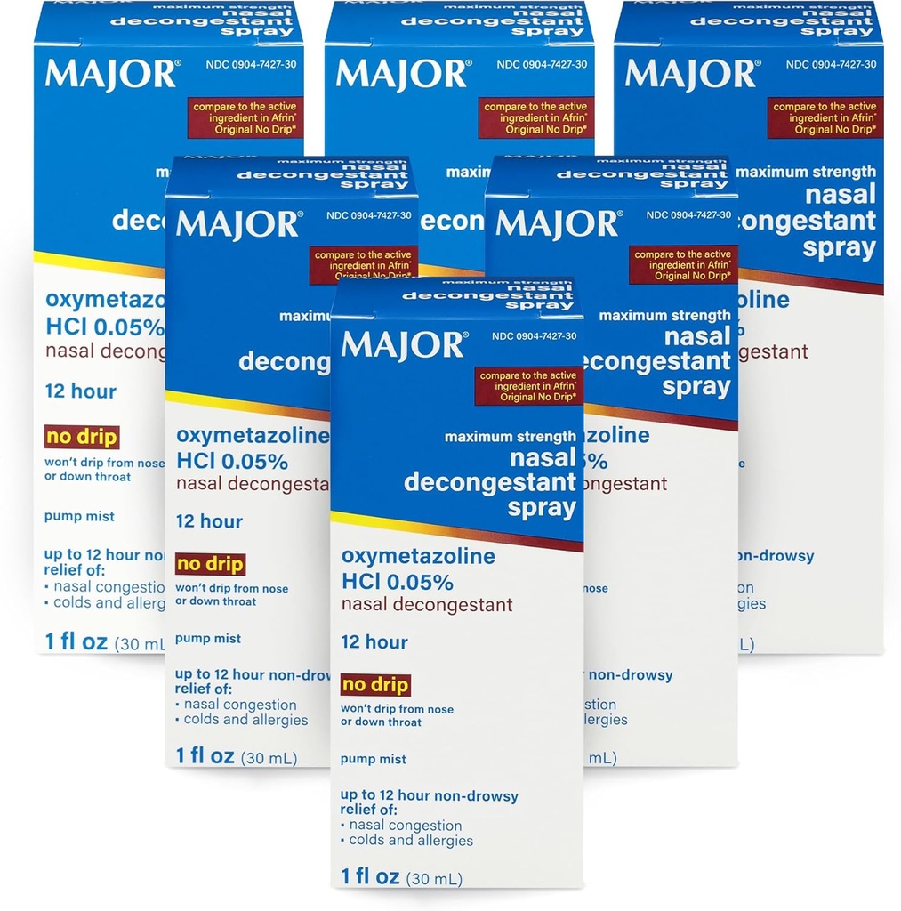 MAJOR Maksymalna siła Nasal Decongestant Spray, Oxymetazoline HCl 0,05% Pompa Mist, Non- Drowsy Nasal Spray, do 12- godzinna ulga od zatorów nosowych, Przeziębienia, i Alergie 1 Fl. Oz. (6- Pack)