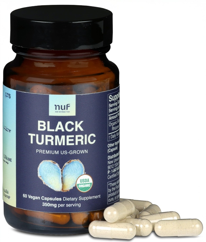 NUF - Organic Black Turmeric 350mg Whole Root Vegan Capsules - US grown - Gluten Free - Non GMO- Joint Support - Zdrowa odpowiedź zapalna - Odpowiednia funkcja immunologiczna