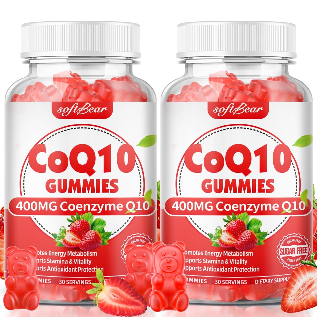 softbear CoQ10 Gummies 400mg Koenzym Q10 Suplement dla dorosłych, Wysoka Absorpcja Coq10 Plus Omega-3, Magnez, Witamina B3 i Cynk dla Energii Komórkowej i Przeciwutleniacza, Truskawkowy Flavor 120