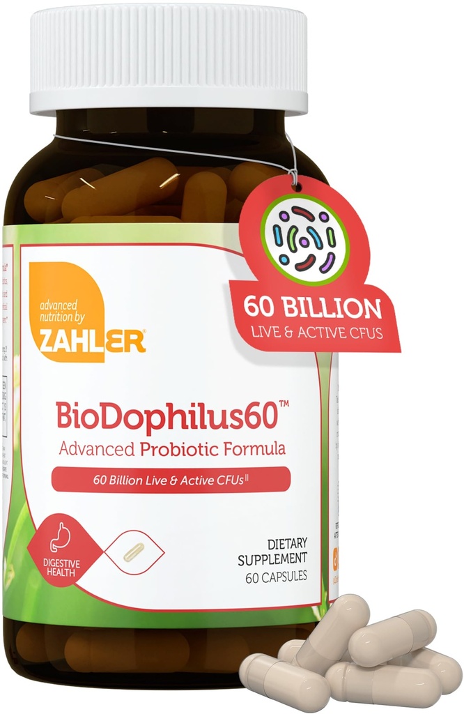 Zahler Biodophilus60, 60 Miliard CFU Probiotic + Prebiotic - 11 Cieśnin Codzienne Probiotyczne Suplement - Probiotyki koszerne dla Kobiet dla Zdrowia Żywieniowego, Probiotyki dla Mężczyzn dla Zdrowia Gut (60 Kapsułek)