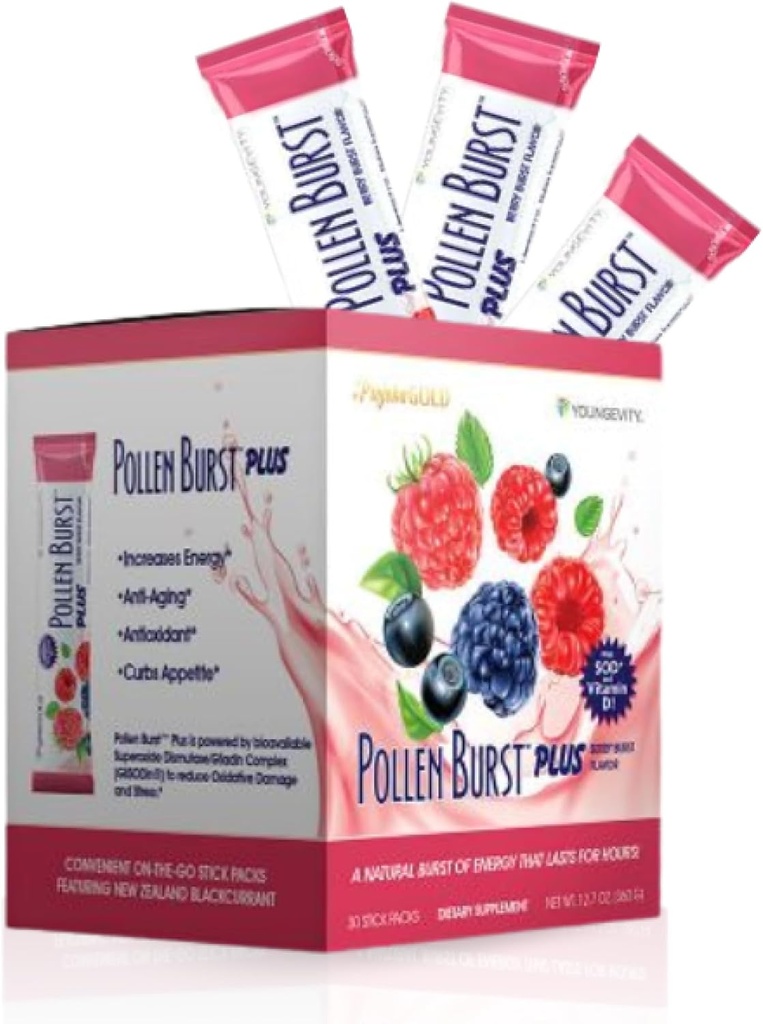 Młodość Projoba Pollen Burst Plus Berry - Natural Energy Drink with Flower Pollen, Witaminy i Przeciwutleniacze - Wspiera Trwałą Energię i Ogólny Well- Being - 30 Pakiety