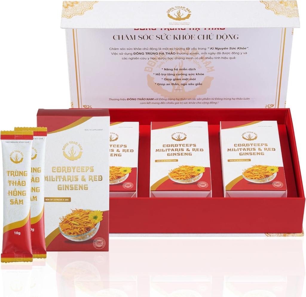 Dong Thao NAM - Organiczny czerwony Ginseng i Cordyceps proszek, 6 w 1 Wyciąg ziołowy, Zwiększa alertywność, Zwiększa energię i zmniejsza zmęczenie, Kofeina wolna, Opakowanie po 30