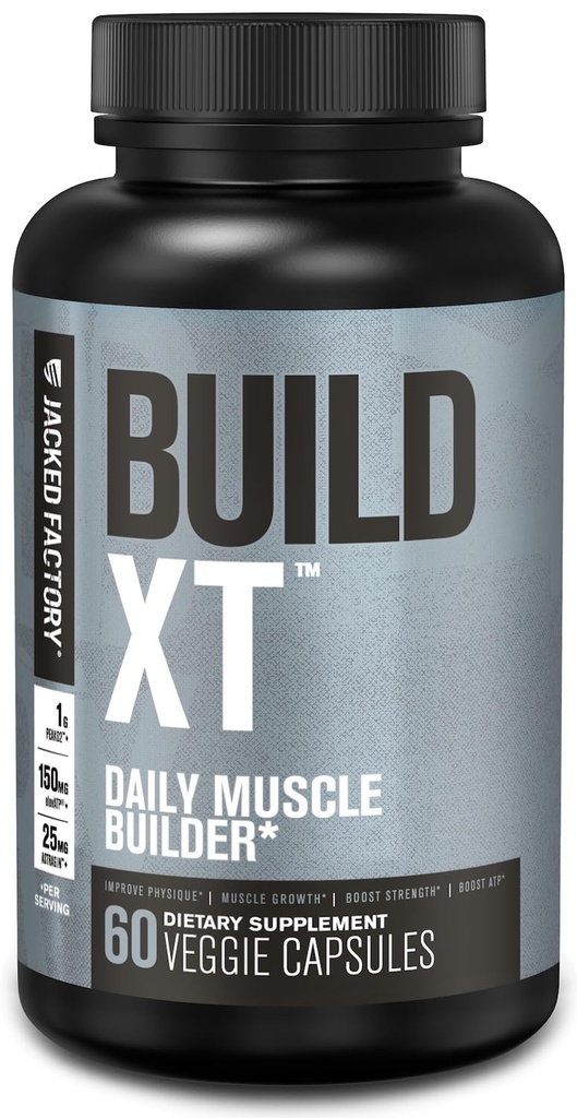 Jacked Factory Build- XT Daily Muscle Builder & Performance Enhancer - Muscle Building Supplement for Muscular Strength & Growth British 124; Trademarked Ingredients Peak02, ElevatP, & Astragin - 60 Veggie Pills