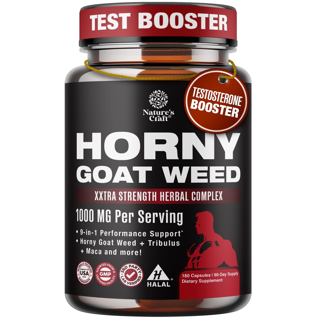 Horny Goat Weed for Men - Extra Siła Mężczyzna Suplement z Black Maca Root, Tongkat Ali, Saw Palmetto & Panax Ginseng Extract for Stamina & Energy - 180 Kapsułki