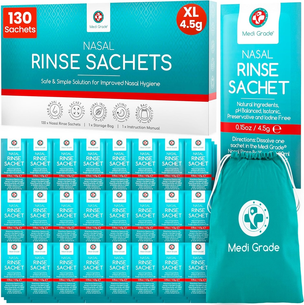 Medi klasy Sinus Rinse Pakiety - Nasal Rinse Essentials Zestaw 130 x pakiety soli i wygodny worek przechowywania - Ciesz się bezproblemowe nawadnianie nosa w domu lub On Go z naszych pakietów soli Neti Pot