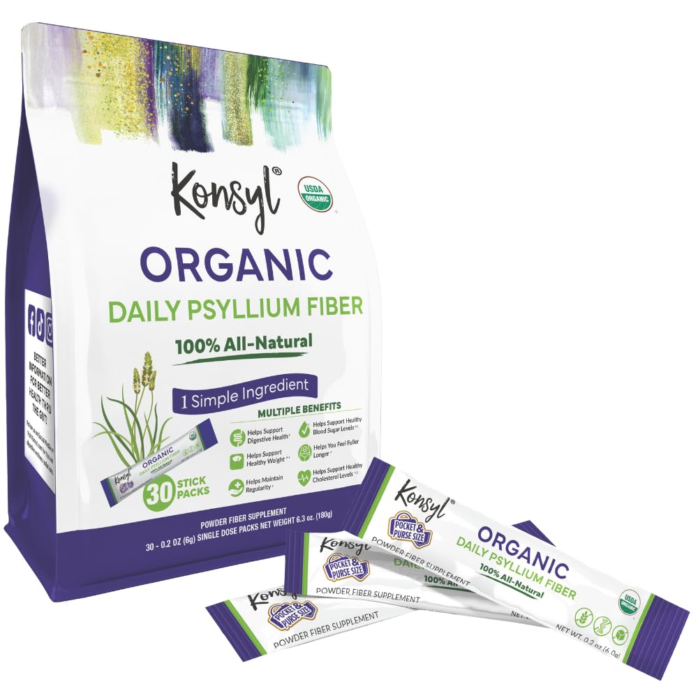 Konsyl Organic Daily Psyllium Fiber Stick Packs - On- The- Fiber Supplement Powder - Wygodne, All- Natural Soluble Fiber, Bezgluten- Free & Sugar-, Vegan & Keto - 30 Pakiety