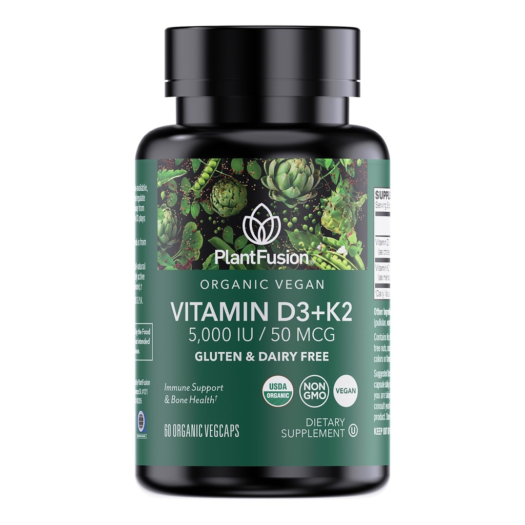 PlantFusion Organic Vegan Witamina D3 + K2 5 000 IU, 50MCG - Witamina D zasolona z Lichen na bazie roślin i Witamina K2, dla immunologicznego wsparcia i zdrowia kości - 60 Kapsułki