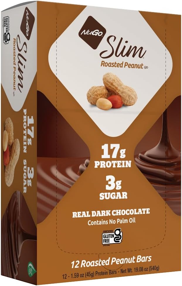 NuGo Slim Dark Chocolate Roasted Peanut, 16 g Protein, 2g Sugar, 7g Fiber, Niski Carb Net, Keto Friendly, Gluten Free, 12 Count