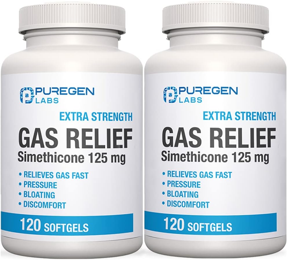 P Puregen Labs Extra Silence Gas Relief Softgels z Simeticone 125 mg 124; Szybkie Relieve of Pressure, Bloating and Pailful Discomfort - 2 Pack Relief 124; Razem 240 Softgels