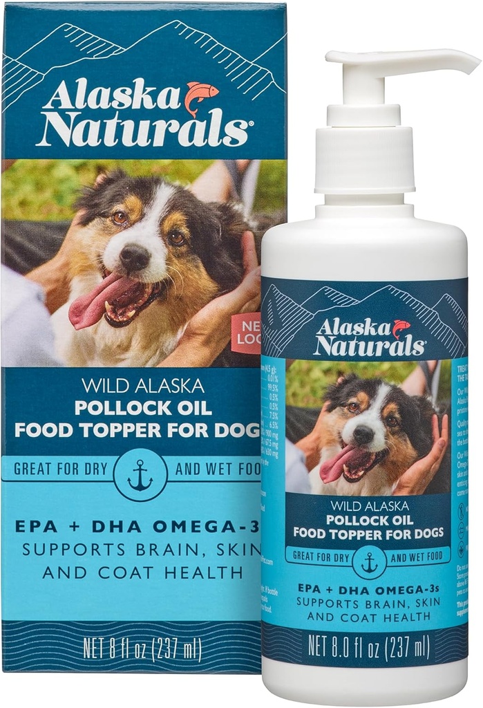 Sustainable Wild Alaskan Fish Oil for Dogs Skin and Coat - EPA + DHA Omega 3 Oil - Fatty Acids Dog Supplements - Support Fur Coat and Brain Health - Natural Liquid Food Topper for Pets - 8 oz. Pompa