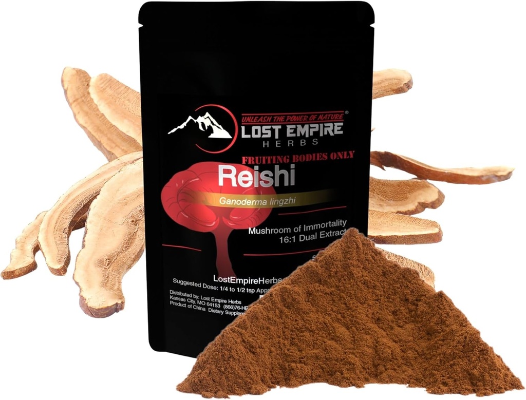 Lost Empire Herbs Reishi (Ganoderma Lucidum) Grzyb w proszku 124; Organic 16: 1 Dual Extract from Real Mushrooms Not Mycelium British 124; for Immune Support (15 Grams)
