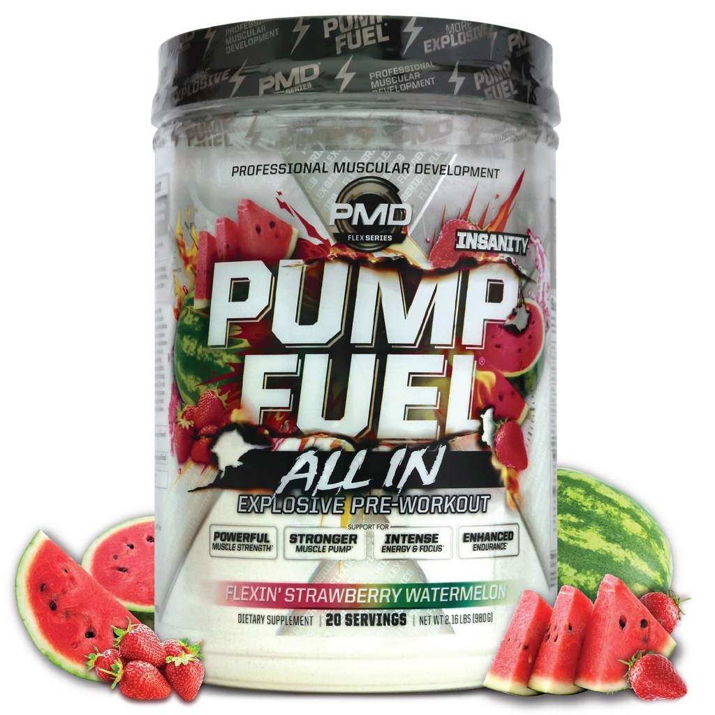PMD Sports Pump Fuel All in Insanity, Ultimate Pre Workout & Pompa mięśniowa, Maksymalna energia siły, Focus, Endurance & Recovery, Creaine & Beta Alaine, Flexin 'Truskawkowy Arbuz (20 Sług)