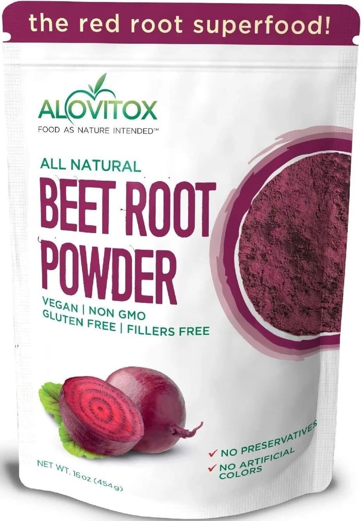 Alovitox Organic Beet Root Powder Burak 124; 100% Świeży Beet Root Extract 124; Tlenek azotu Superfood, Wysoka zawartość wapnia, żelaza, potasu i kwasu foliowego 124; Wspiera skuteczne treningi 124; Wegan, Non-GMO, Gluten- Free 124; 16 oz
