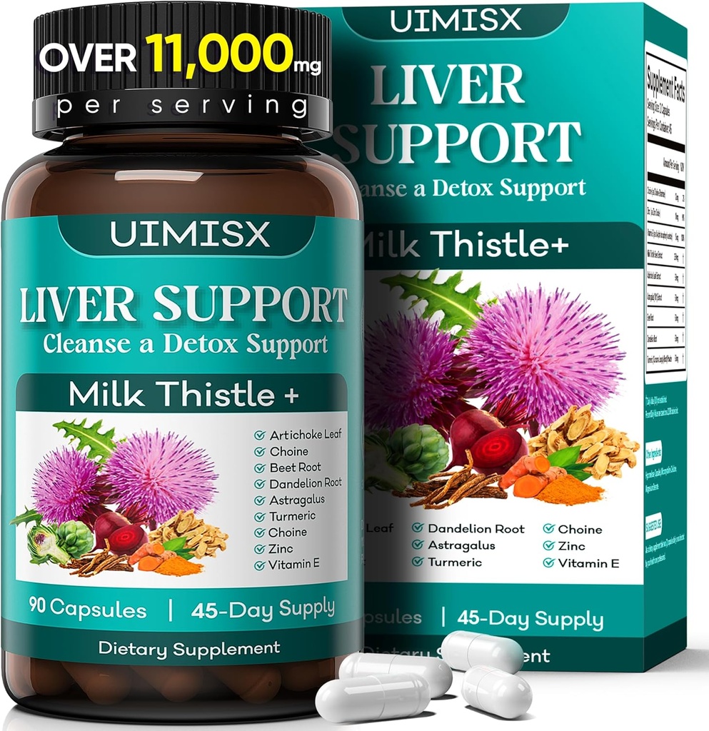Suplement do cieśni mleka - Detox wątroby oczyszczony Formuła Herbal Liver Support with Milk Tistle, Dandelion Root, Karczoch, Turmeric, Astragalus for Liver Health, 90 Kapsułki