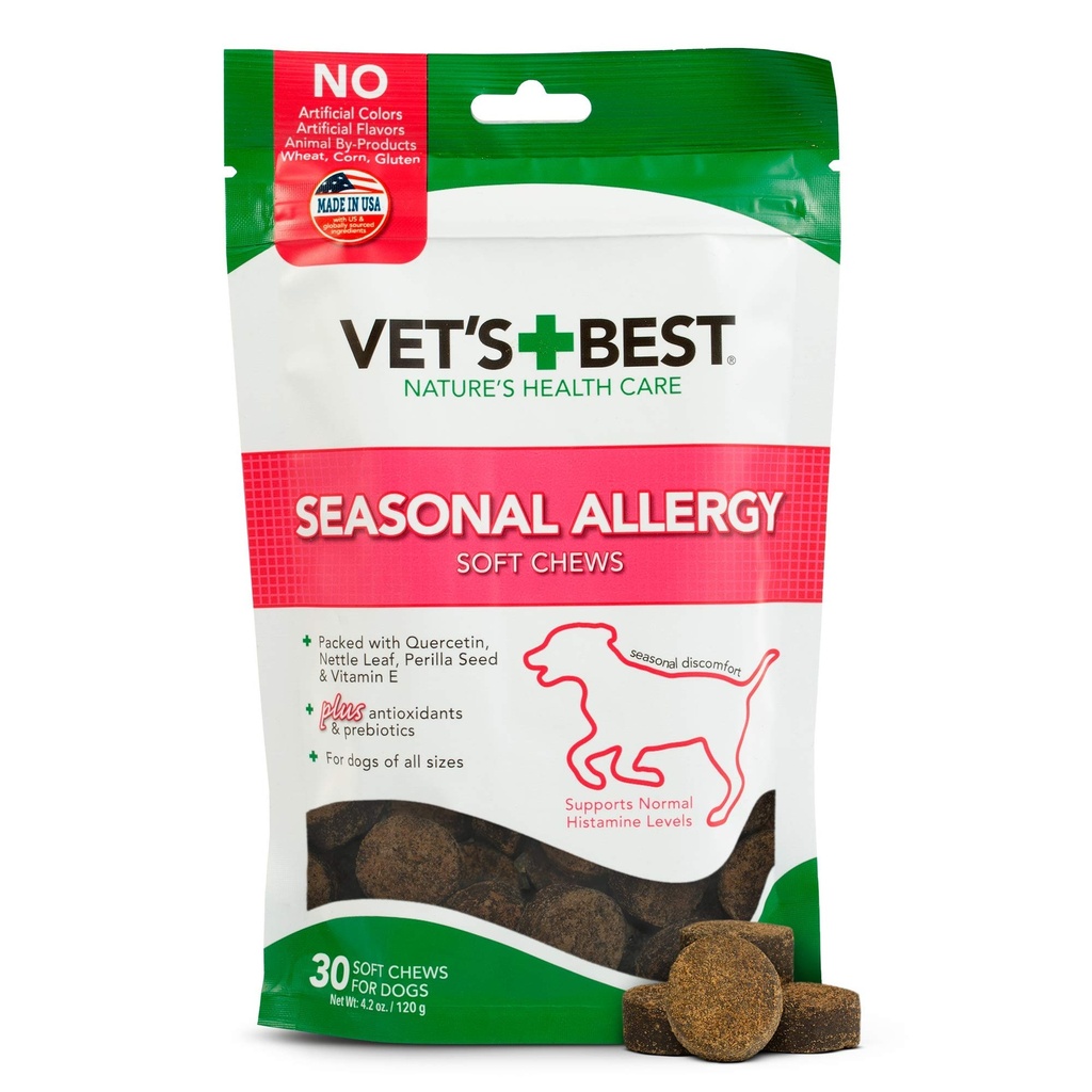 Vet 's Best Sezonowa alergia miękkie suplementy do żucia psów, łagodzi psy podrażnienia skóry ze względu na alergie sezonowe, 30 Day Supply