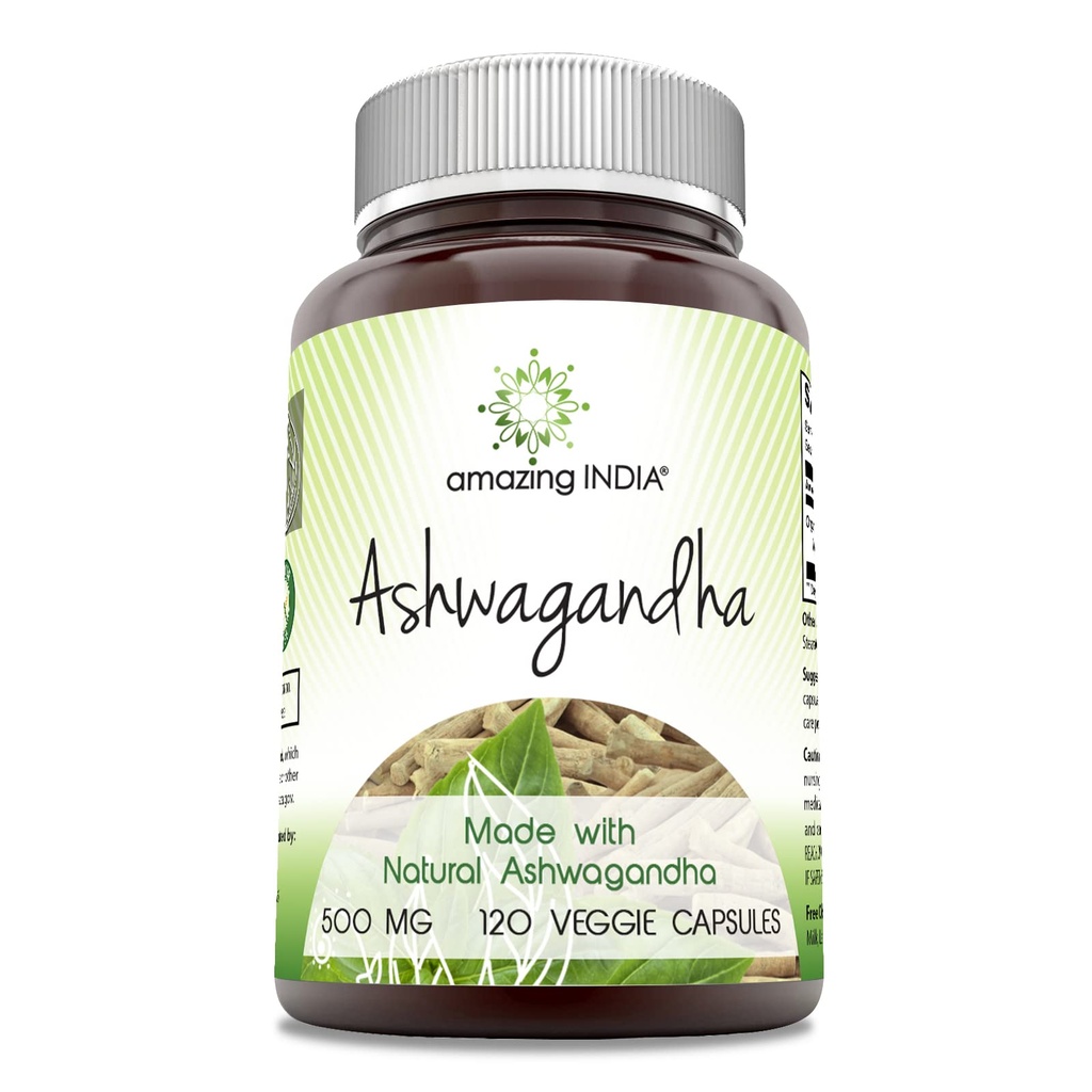 Niesamowite Indie Ashwagandha Suplement DEV124; 500 Mg Per Serving Nex124; 120 Veggie Capsules Nex124; Non- GMO Nex124; Gluten Free EX124; Made in USA Nex124; Ideal for Vegetarian