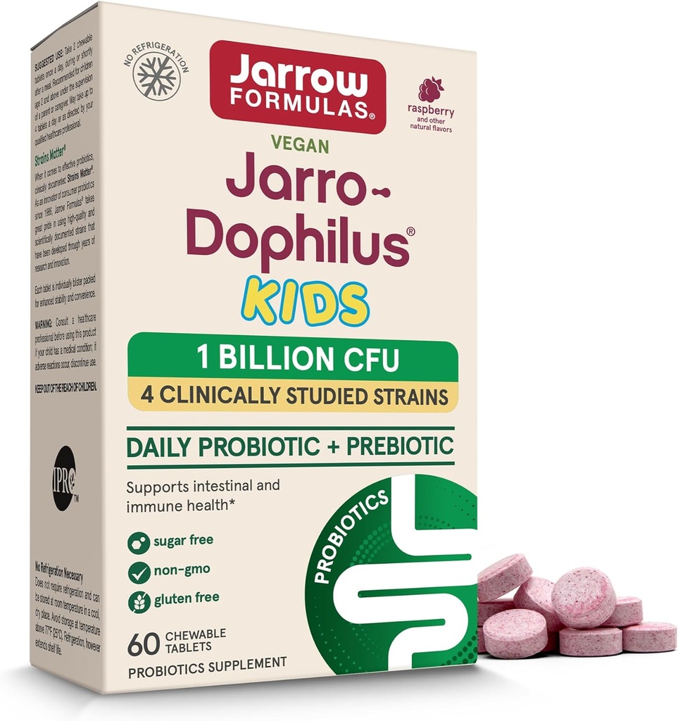 Jarrow EFLAS ® Jarro- Dophilus ® Dzieci Probiotyki i Prebiotyki, 1 Miliard CFU, Suplement do wsparcia zdrowia jelitowego i immunologicznego, 60 Raspberry- Smakowe tabletki do żucia, 30 Day Supply