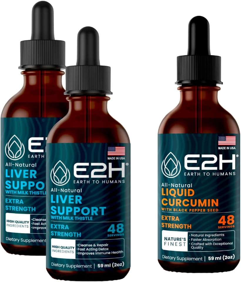 E2H: Suplement do Podparcia Wątroby (2 Pack - 4 Fl Oz) i Kurkumina Ciekła (Pojedyncza Butelka - 2 Fl Oz) 124; Wegan, Non-GMO - (6 Fl Oz Total) - Pasek