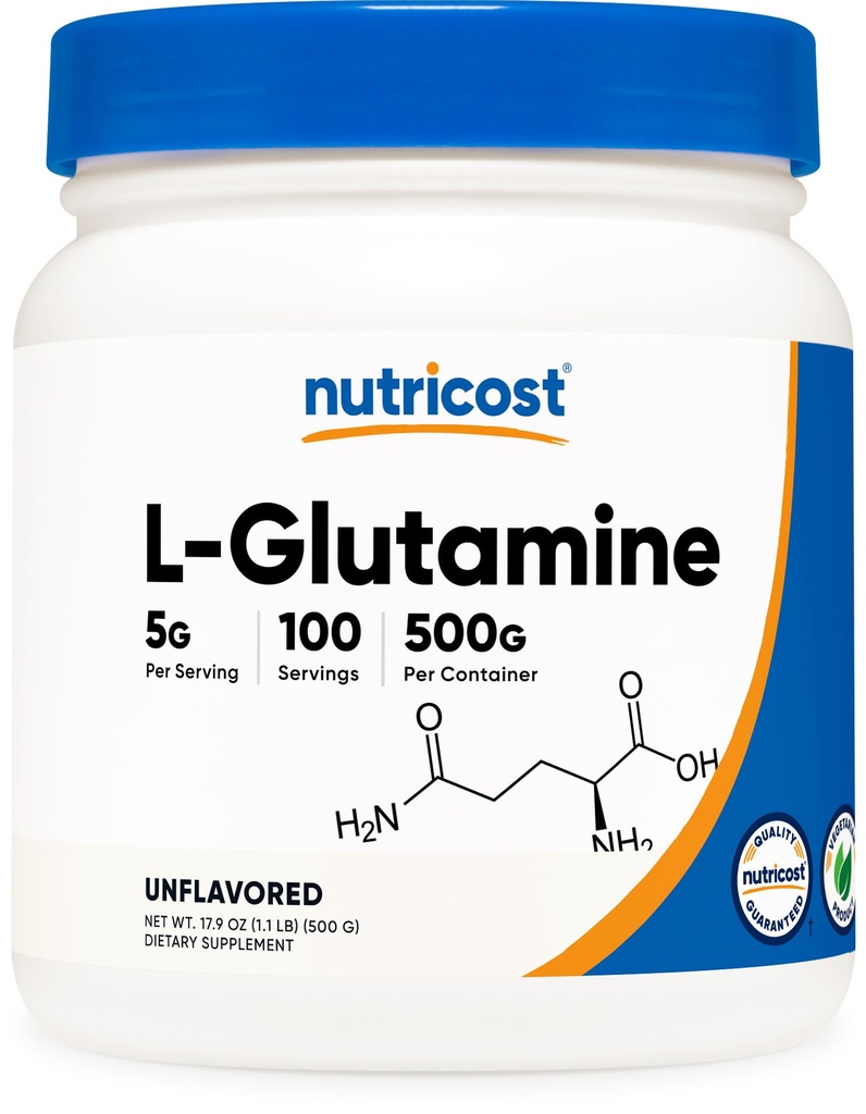 Proszek Nutricost L- glutamina (500 gramów) Nieflawored - Gluten Free & Non-GMO, 100 Sług