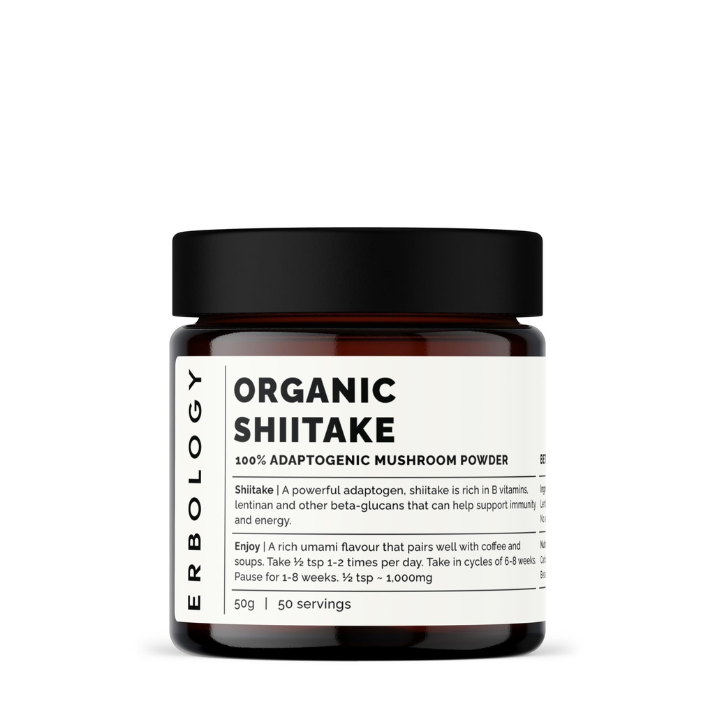 Erbologia Organic Shiitake Mushroom Puder 50 Służenia - 11% Beta- glukany - Immunitet i energia - Lentinula edodes - Mała partia - Zrównoważony rozwój w Europie - Wegan - Nie-GMO - Nie Dodano Fillery