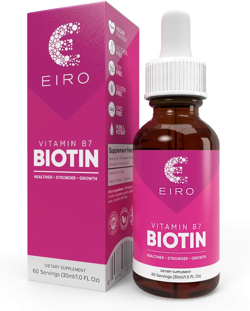 EIRO Biotin płynne krople do wstrzykiwań 124; 6000mcg na podawanie produktu do wstrzykiwań 124; Zdrowsze, silniejsze, szybsze - Włosy i paznokcie do wstrzykiwań 124; Nadmierne wchłanianie