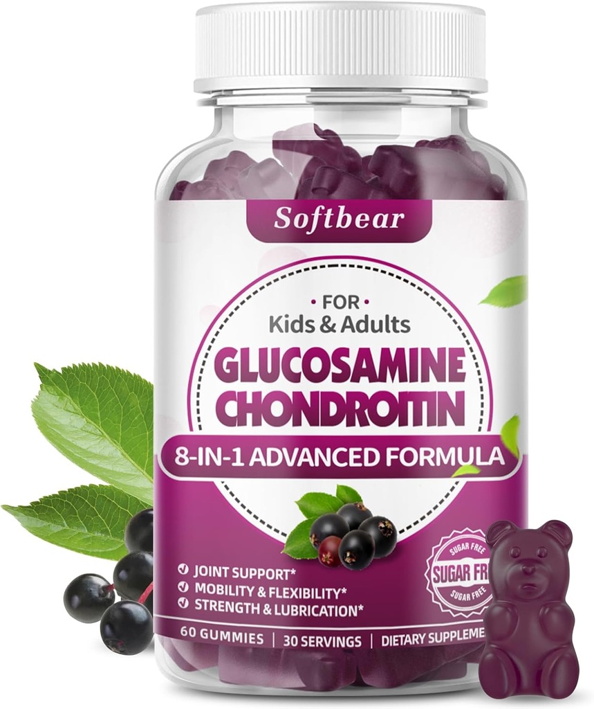 softbear Glukozamina Gummie Chondroitin, Glukozamina wolna od cukru Suplement z Elderberry Turmeric Supports Joint Health & Antioksydant, Elderberry Flavored 60 Count