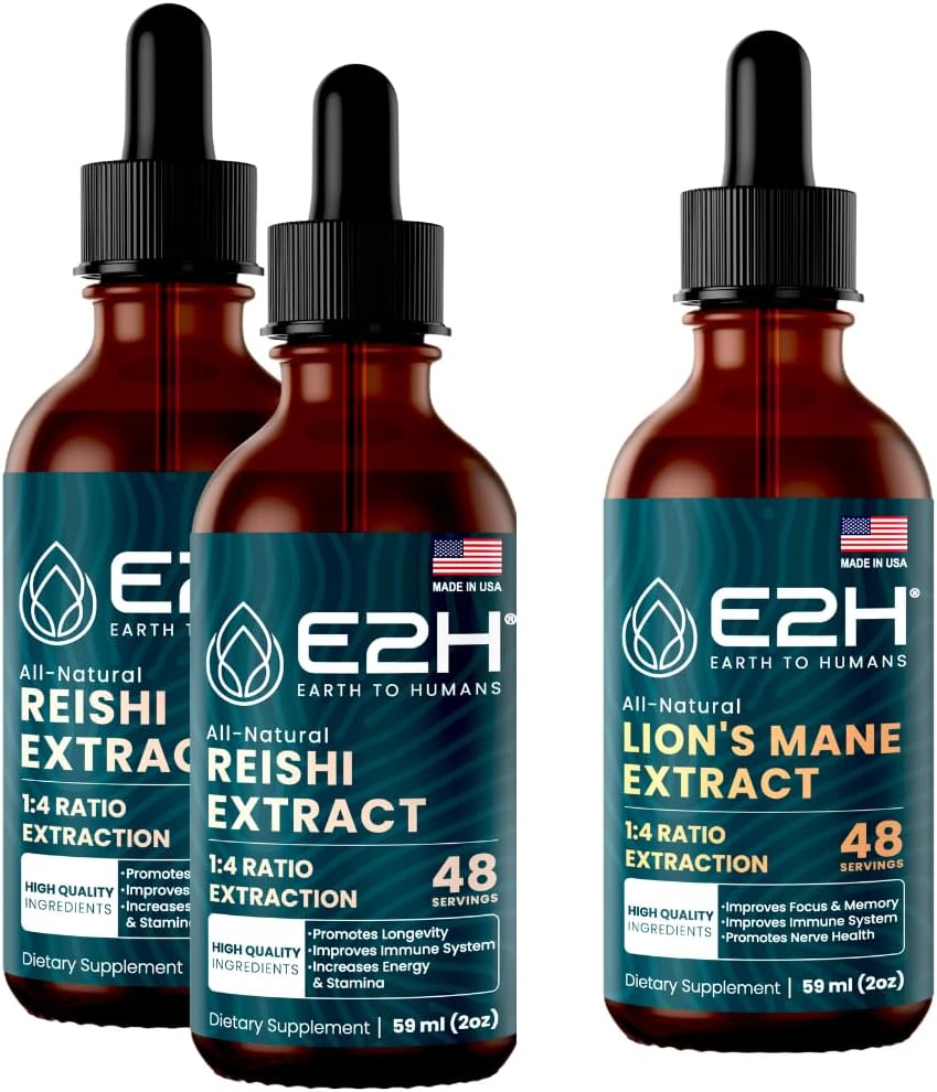 E2H: Reishi (2 Pack) & Lion 's Mane Extracts - Energy, Longevity, Cognitive Sharpness, Immunity - Non-GMO, Vegan - 2 Fl Oz Each (6 Fl Oz Total) - Bundle