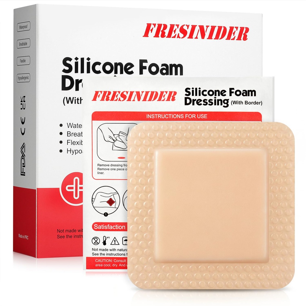 FRESINIDER Pianka silikonowa opatrunek z przylegającą granicą - opatrunek opatrunkowy - Silikon Foam Pad - Opakowanie 10 - 4 x 4 Inches Duże wodoodporne bandaże - Samoprzylepna pielęgnacja i opatrunki