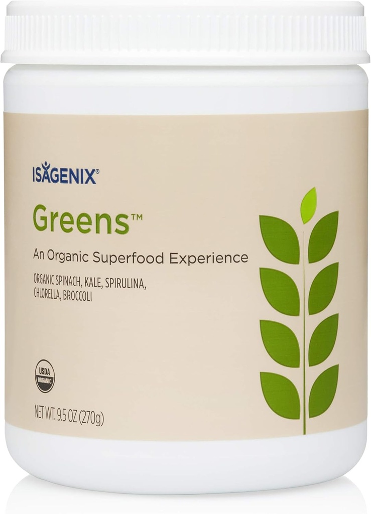 Isagenix Organic Greens, Superfood Drink Mix Phytonutrient Drink Mix z Organic Spinach, Kale, Spirulina, Chlorella, Broccoli, i więcej do wsparcia diety - 270 Grams (30 Servings)