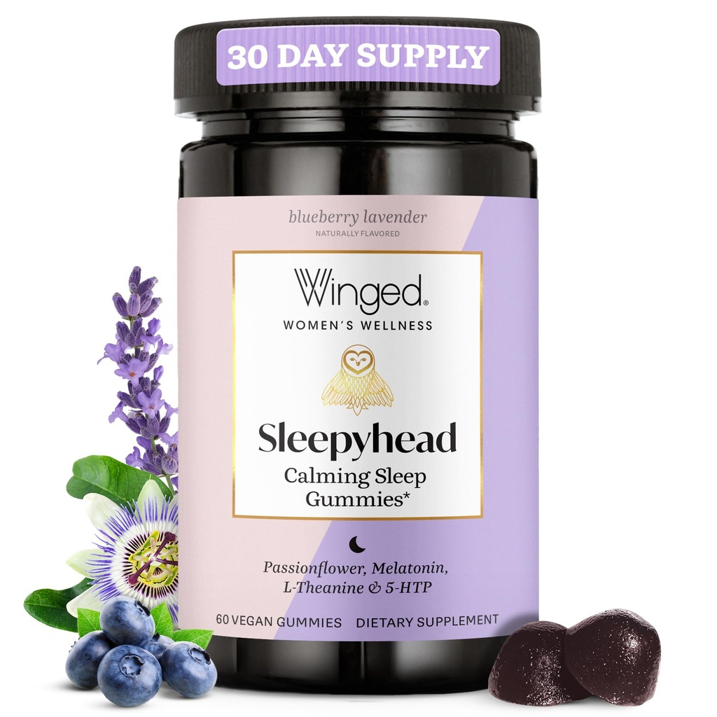 Winged Wellness Sleepyhead Natural Sleep Gummies for Women - Prime Sleep Support Aid dla dorosłych z 3mg Melatoniny, L- Theanine, 5- HTP - Blueberry Lavender Flavored - 30 Służenia