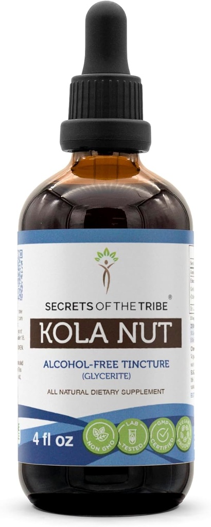 Tajemnice Tribe Kola Nut Tincture-Free Alcohol Extract, Kola nut (Cola Acuminate) Suszony Nut (4 FL OZ)