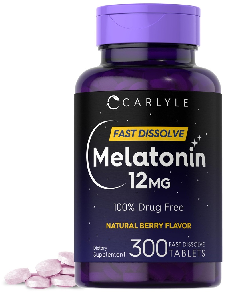 Carlyle Melatonin 12 mg Szybkie rozpuszczenie 300 Tabletów 124; Beznarkotykowy 124; Naturalny Flavor Berry 124; Wegetariański, Non-GMO, Gluten Free