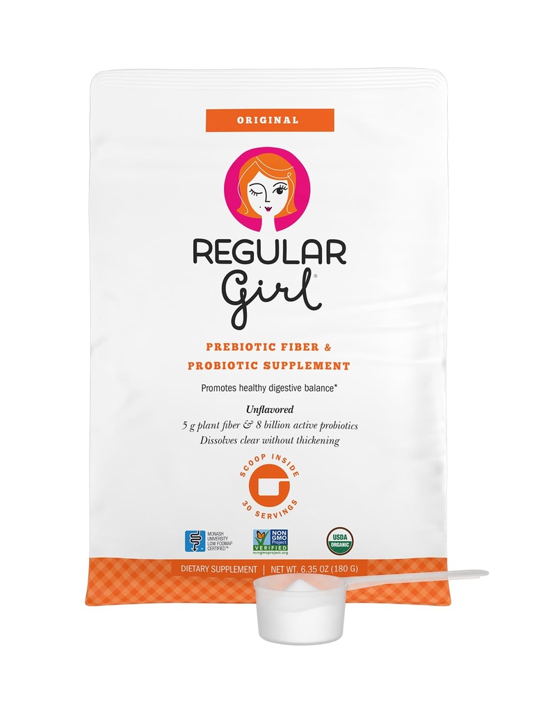 Regularne Girl Organic Powder, Prebiotyczne Fiber Suplement i Probiotyki dla kobiet, niskie FODMAP, 30 Służenia, Unflavored