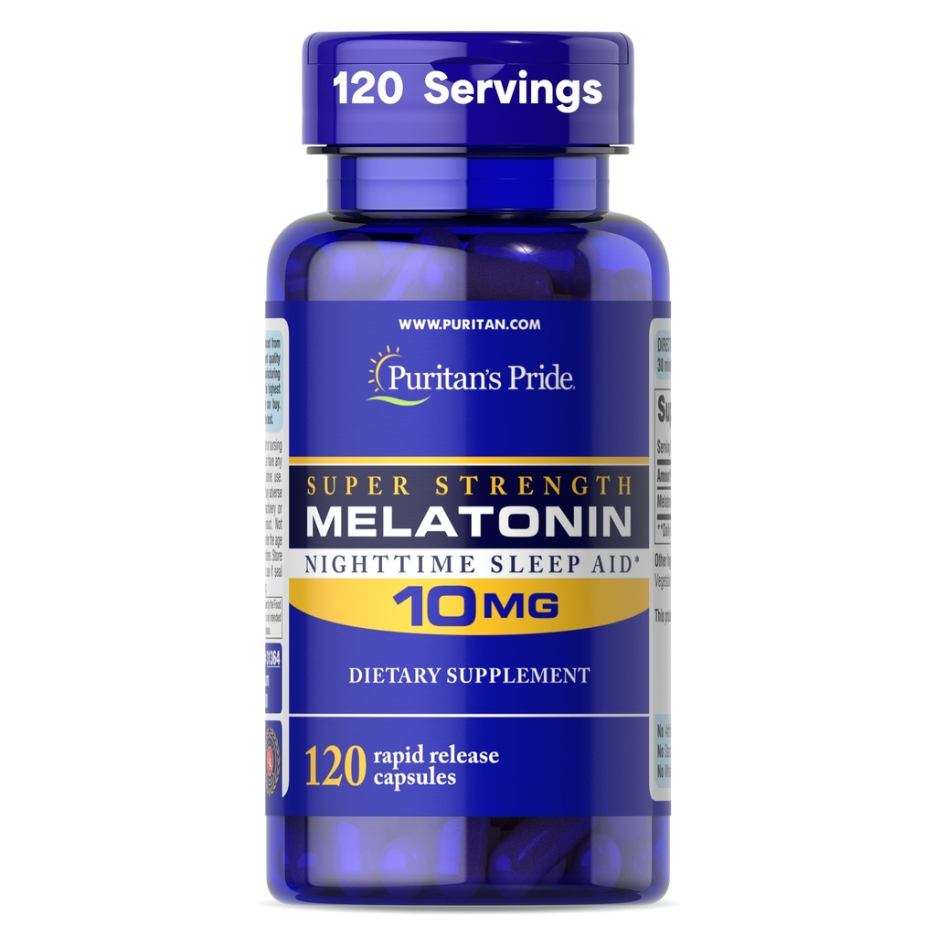 Puritan 's Pride Premium Super Siła Melatonina 10 mg Sleep Aid, Suplement diety dla Dźwięku, Restful i Dłuższe Sleep Support, 4 Supply Month, 120 Kapsułki szybkiego uwalniania (Packaging May Vary)
