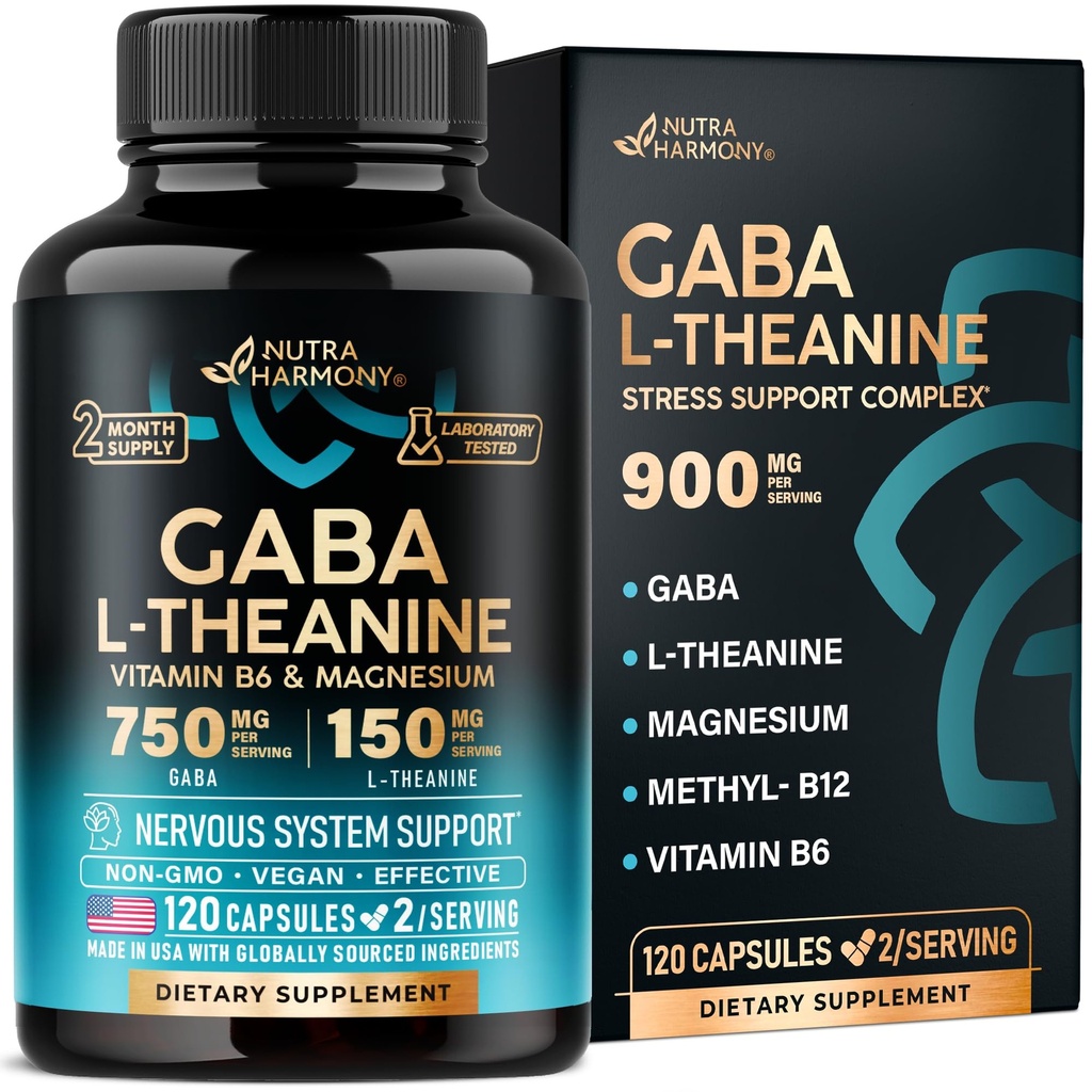 GABA L- Theanine 900 mg - Wyprodukowany w USA - Magnezu 124; Witamina B6 - Spokój, sen, Relaks i wsparcie nastrojów - 750 mg kwasu gamma aminobutyrycznego, 150 mg L- Theanine - Non-Habit Forming, Vegan - 120 Kapsułek