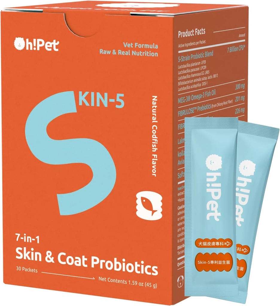 Oh! Probiotyki skóry i płaszcza Pet ® - 7B Proszek CFU dla psów i kotów z membraną Omega-3 & Eggshell (30 opakowań)