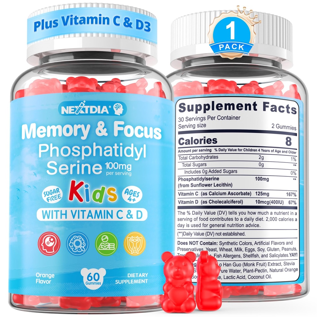 Focus Gummies for Kids Teens + witaminy C & D3 400IU, Sugar Free Kids Brain Gummies Zwiększenie uwagi i koncentracji, Chewable, Wegan, Gluten Free, Non-GMO 60Cts