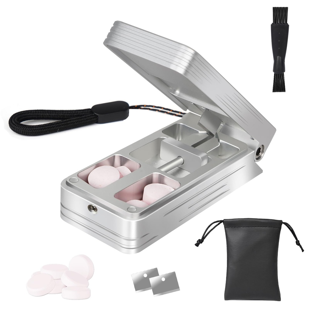 Pill Cutter for Small and Tiny Pills, Professional Aluminium Pill Splitter with Auto Centing Device and 2 Replasable Stainless Steel Blades, Portable Pill Splitter with PU Case (Silver)
