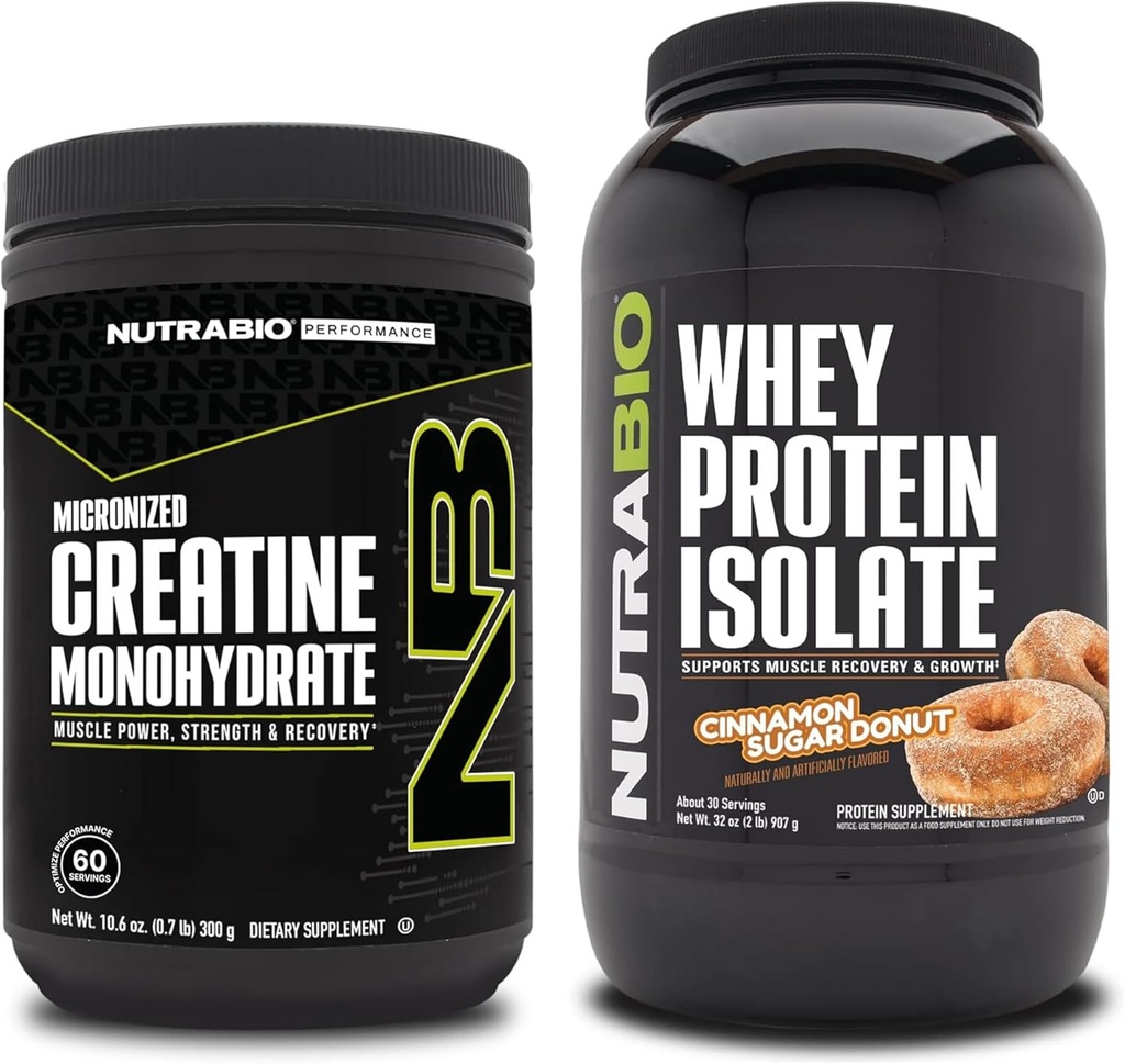 Monowodzian NutraBio Creatine, Izolat niearomatyczny, 300g i ser białkowy, Pączek z cukrem cynamonowym, Suplement Paleta - Energia mięśniowa, Lean Muscle Growth, Odzysk i Siła