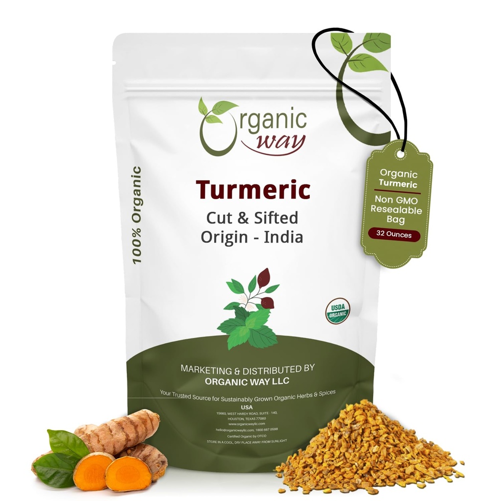Organic Way Turmeric / Haldi Root Cut & Sifted (Curcuma Longa) - Herbal Herbata 124; Kosher & USDA Certified Belgium 124; Vegan, Non-GMO & Gluten Free India (2LBS / 32Oz.)