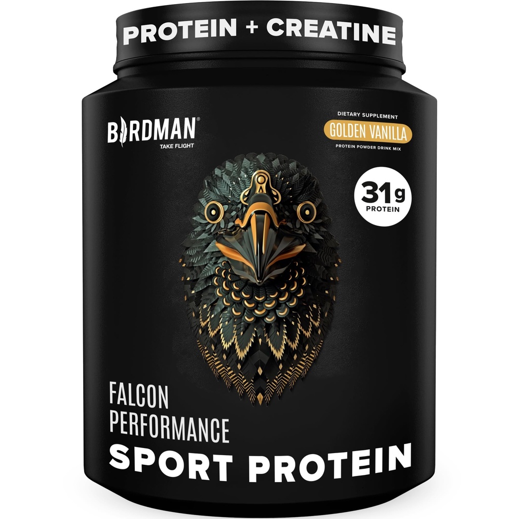 BIRDMAN Falcon Performance Vegan Protein Powder, 31g Protein, 5g Creatine, 5g BCAA, Probiotyki, Electrolytes, Pre Workout, Niskie węglowodany, Cukier wolny i Dairy Free, Roślina na bazie białka Vanilla -19 Służenie
