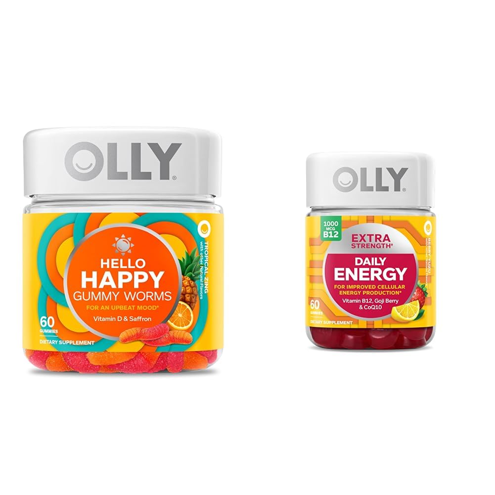 OLLY Witam Happy Gummy Worms, Mood Balance Support, Witamina D, Szafran, Dorosły suplement do żucia i dodatkowa siła Daily Energy Gummy, Kofeina Free, 1000mcg Witamina B12, CoQ10, Goji Berry