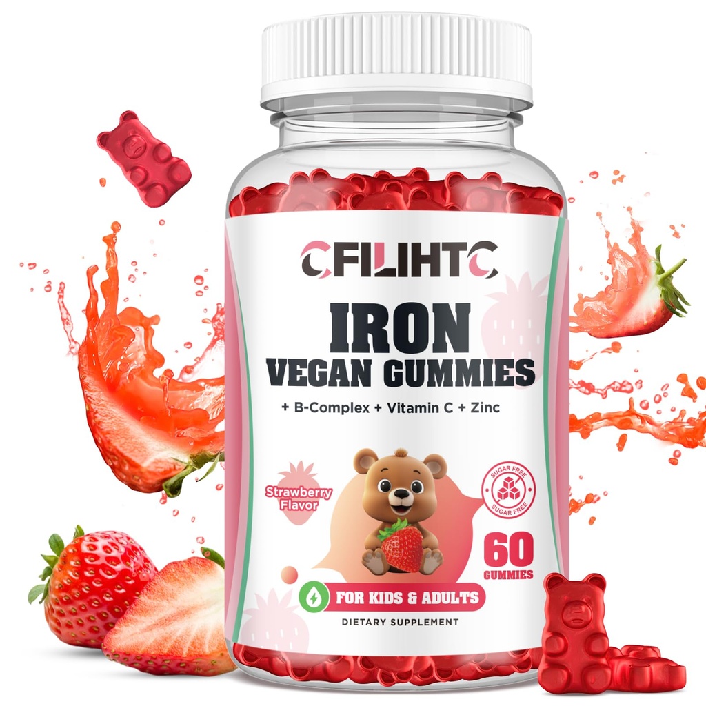 Żelazne gumki dla dzieci, Kobiety i Mężczyźni, Żelazo suplement z multivitaminą - Witamina B Complex, C, B6, B12, Folate, Cynk do anemii, Żelazo Niedobór, Blood Builder, Energia - Strawberry Flavor, Wegan 60ct