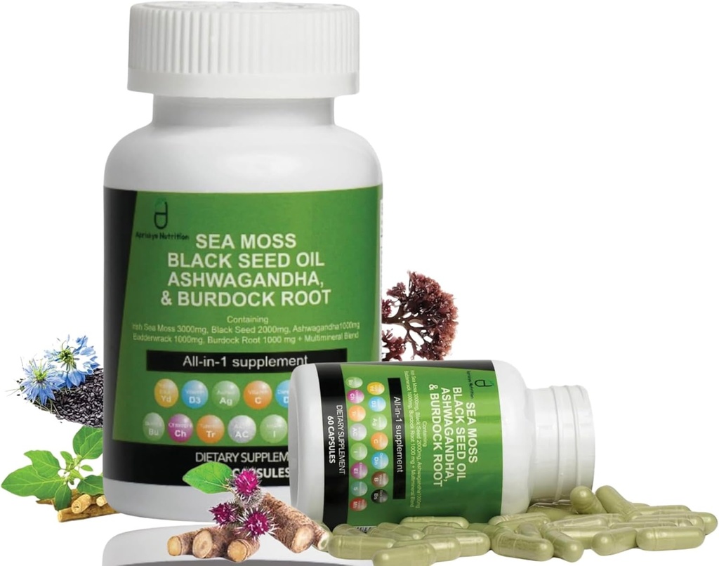 Sea Moss Kapsułki - 60 Kapsułki Seed Black Seed Oil Ashwagandha Burdock Suplement korzeniowy, Irlandzkie Sea Moss Suplement z witaminą C D3 Manuka & Dandelion, Multi Minerals Suplement